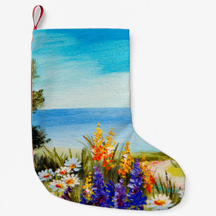 Calcetín Navideño Pequeño flores de pintura al óleo cerca del mar, campo de 
