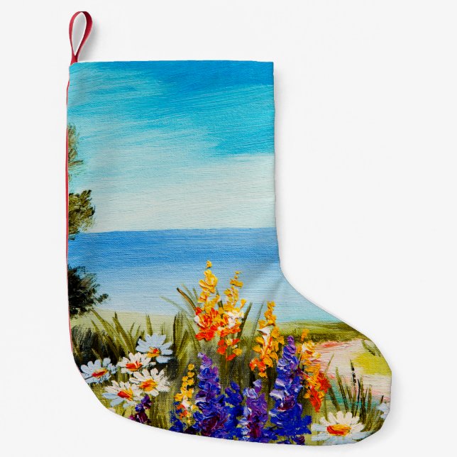 Calcetín Navideño Pequeño flores de pintura al óleo cerca del mar, campo de  (Anverso)