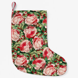Calcetín Navideño Pequeño Flores de rosa rosadas y rojas en acuarela y hojas