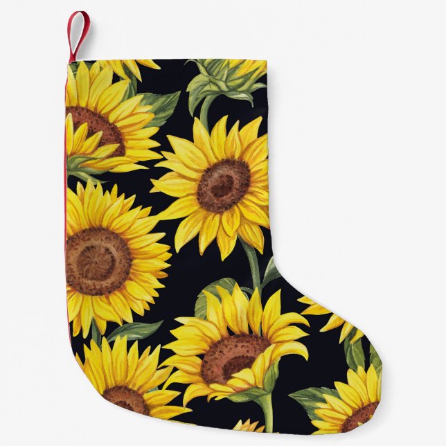 Calcetín Navideño Pequeño Flores de sol, mariposas, acuarela de fondo negro (Anverso)