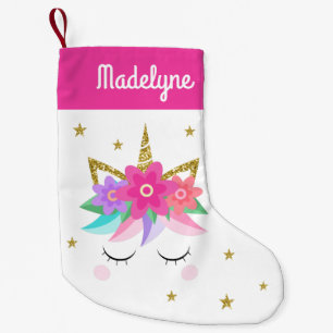 Calcetín Navideño Pequeño Flores de unicornio con nombres personalizados ros