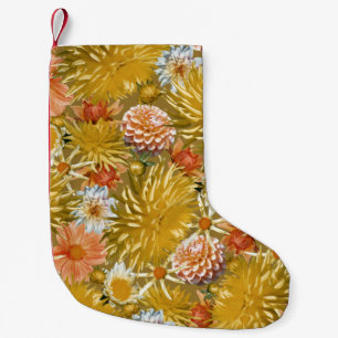 Calcetín Navideño Pequeño Flores doradas de dalia, diseño floral vintage.