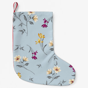 Calcetín Navideño Pequeño flores pequeñas violeta y crema hojas trozos