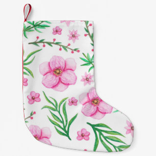 Calcetín Navideño Pequeño Flores rosa claras de color agua, cerezas pequeñas