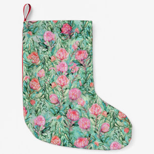 Calcetín Navideño Pequeño Flores rosas, verde salvia, sin costuras.