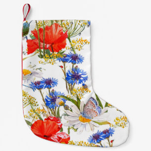 Calcetín Navideño Pequeño Flores silvestres: acuarela azul oscuro sin costur