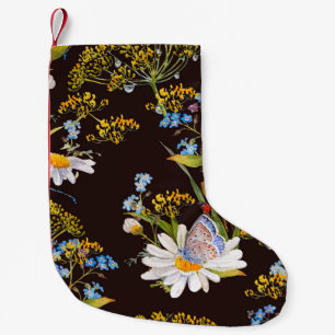 Calcetín Navideño Pequeño Flores silvestres: acuarela de fondo negro