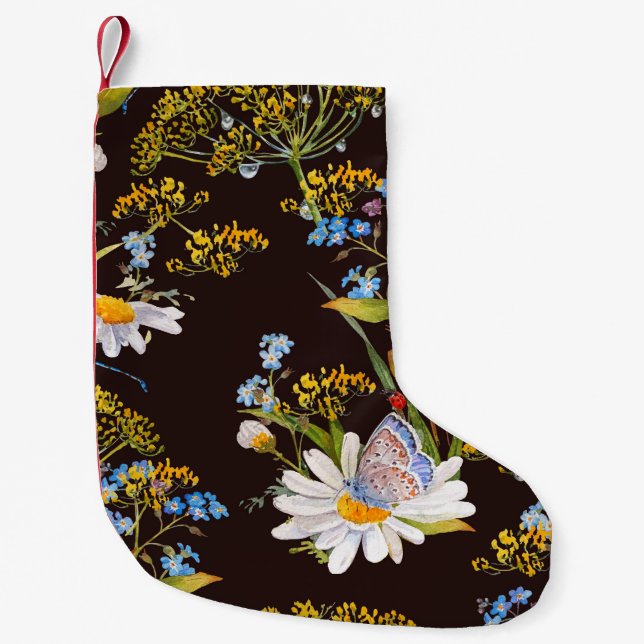 Calcetín Navideño Pequeño Flores silvestres: acuarela de fondo negro (Anverso)