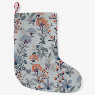 Calcetín Navideño Pequeño Flores silvestres en azul, patrón botánico.