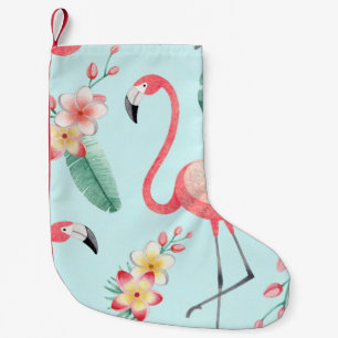 Calcetín Navideño Pequeño Flores tropicales Flamingos Patrón de acuarela