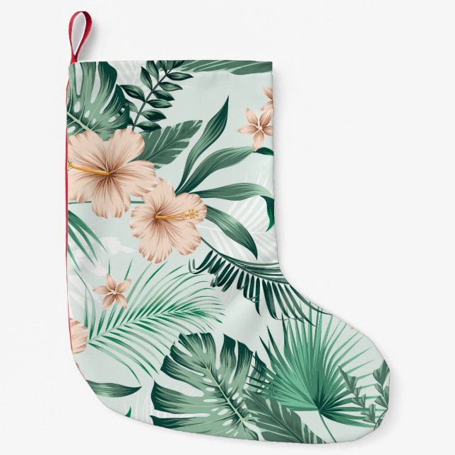 Calcetín Navideño Pequeño Flores tropicales, patrón de follaje exuberante. (Anverso)