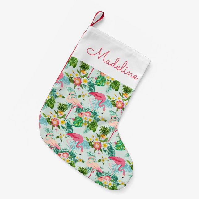 Calcetín Navideño Pequeño Flores Y Aves Tropicales Vintales| Agregar su nomb (Frente (Colgado))