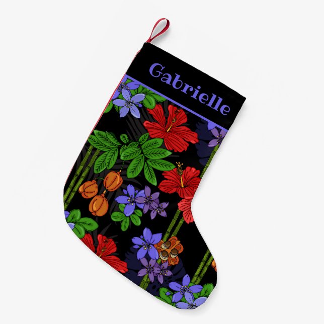 Calcetín Navideño Pequeño Flores y frutas jamaicanas estampadas (Frente (Colgado))