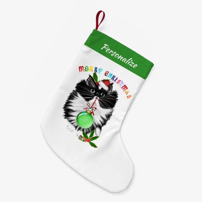 Calcetín Navideño Pequeño Fluffy Black And White Cat Santa Hat Christmas (Frente (Colgado))