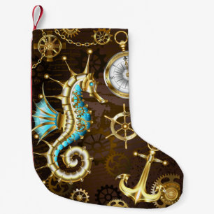 Calcetín Navideño Pequeño Fondo de madera con caballito de mar mecánico