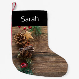 Calcetín Navideño Pequeño fondo de madera con conos de pino