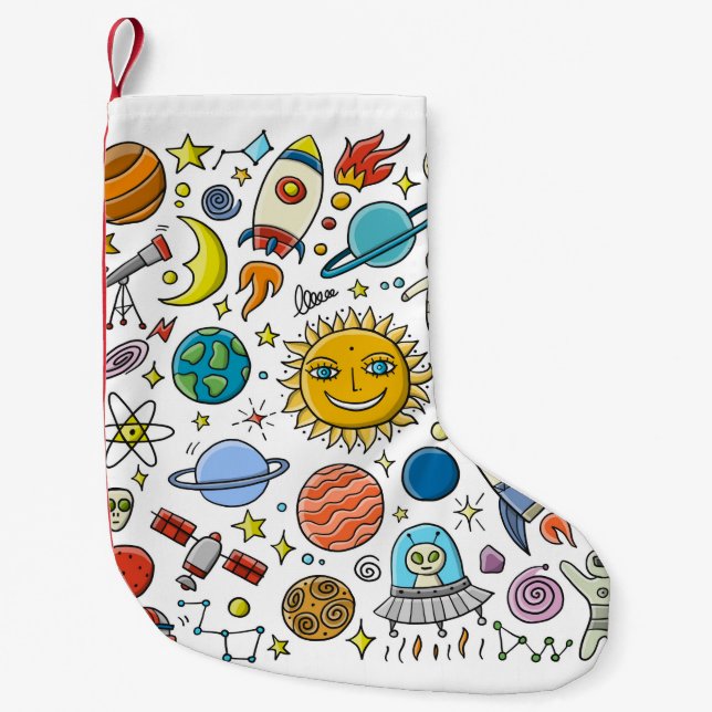 Calcetín Navideño Pequeño Fondo espacial. Planetas del sistema solar. Roc (Anverso)