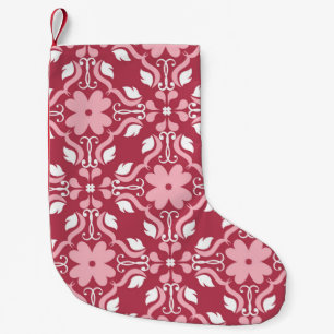 Calcetín Navideño Pequeño Fondo floral rojo y beige. Sin inconvenientes de c