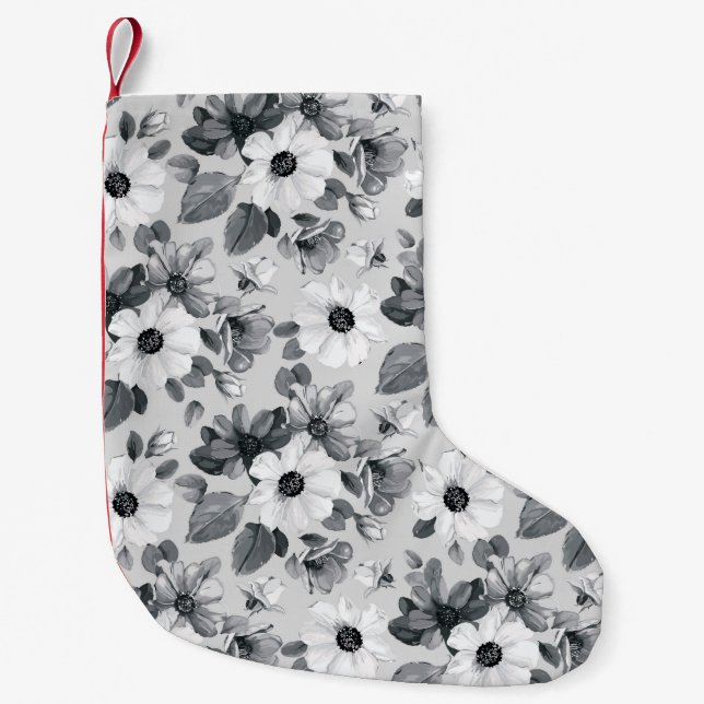 Calcetín Navideño Pequeño Fondo florido impecable con un hermoso flujo silve (Anverso)