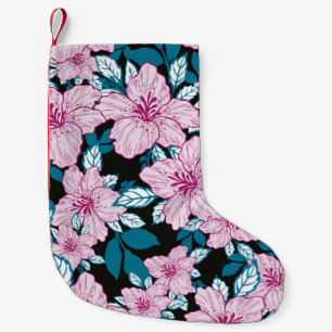 Calcetín Navideño Pequeño fondo negro de la hoja azul de la flor de la liga 