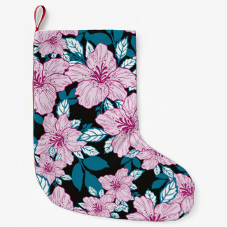 Calcetín Navideño Pequeño fondo negro de la hoja azul de la flor de la liga