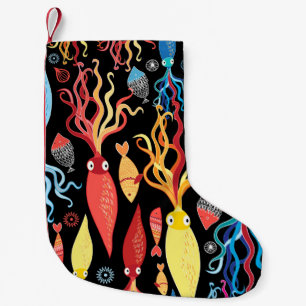 Calcetín Navideño Pequeño Fondo negro de peces de calamar multicolor
