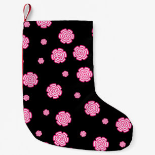 Calcetín Navideño Pequeño Fondo oscuro, flores rosa brillante estilizadas.