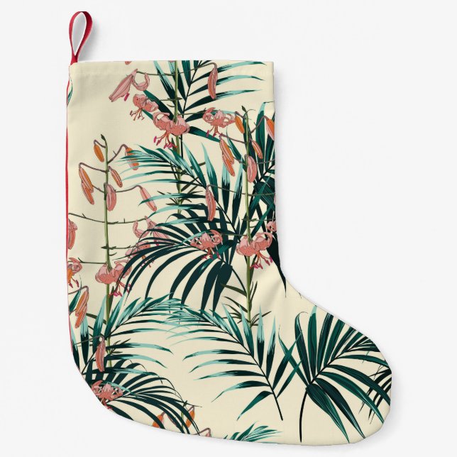 Calcetín Navideño Pequeño Fondo tropical con plantas de selva. Sin inconveni (Anverso)