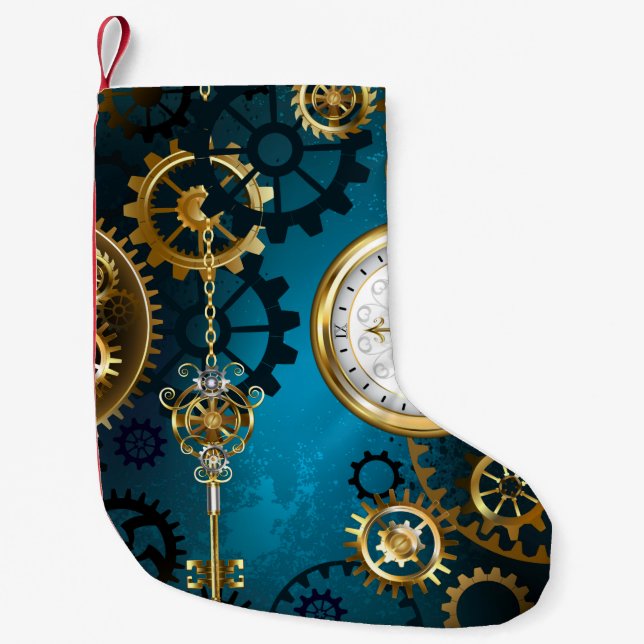 Calcetín Navideño Pequeño Fondo turquesa Steampunk con engranajes (Anverso)