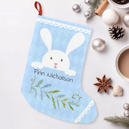 Calcetín Navideño Pequeño Forma de diamante azul de conejo blanco