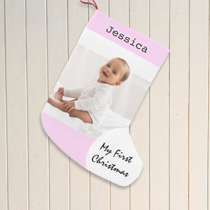 Calcetín Navideño Pequeño Foto de bebé primera Navidad Rosa Personalizado