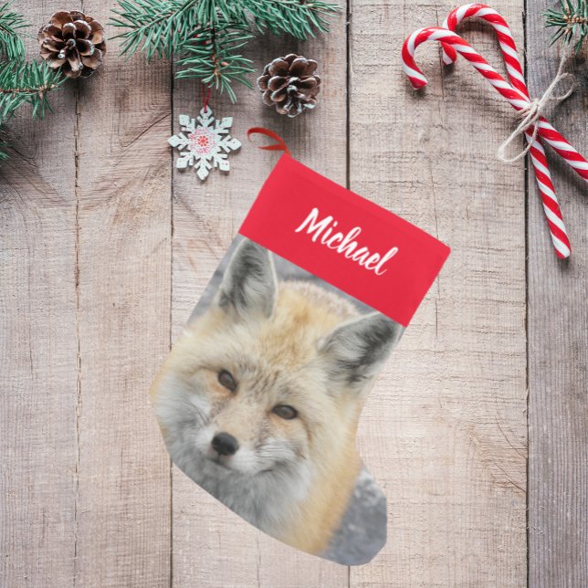Calcetín Navideño Pequeño Foto de Fox Roja Cuta con nombre (In Situ)