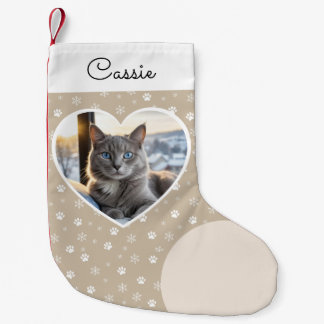 Calcetín Navideño Pequeño Foto de gato corazón escritura elegante huella de