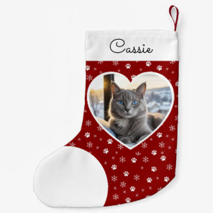 Calcetín Navideño Pequeño Foto de gato mascota Crimson Red Personalizada