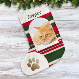 Calcetín Navideño Pequeño Foto de gato personalizada y nombre rayas rojas y 