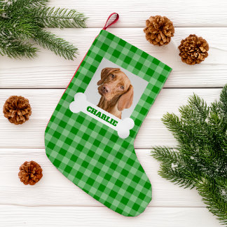 Calcetín Navideño Pequeño Foto de mascota y hueso de perro con nombre en cua