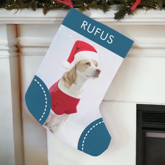 Calcetín Navideño Pequeño Foto de Navidades personalizados con tema de Dog P (Dog Paw Themed Personalized Christmas Photo Small Christmas Stocking from Ricaso. Add own dog photo)