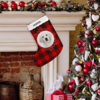 Calcetín Navideño Pequeño Foto de perro con corona de invierno de cuadros es