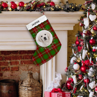 Calcetín Navideño Pequeño Foto de perro con estola de invierno de cuadros es