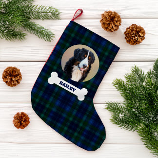 Calcetín Navideño Pequeño Foto de perro mascota en tartán azul marino con no