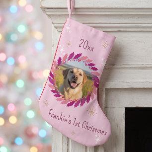 Calcetín Navideño Pequeño Foto de perro personalizada Corona rosa Brillante 
