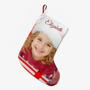 Calcetín Navideño Pequeño Foto elegante roja con nombre personalizado