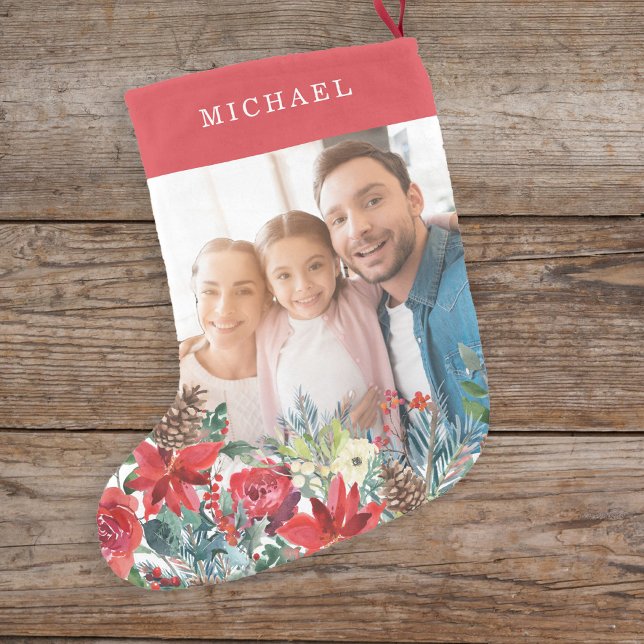 Calcetín Navideño Pequeño Foto: linda familia roja monogramada (Subido por el creador)