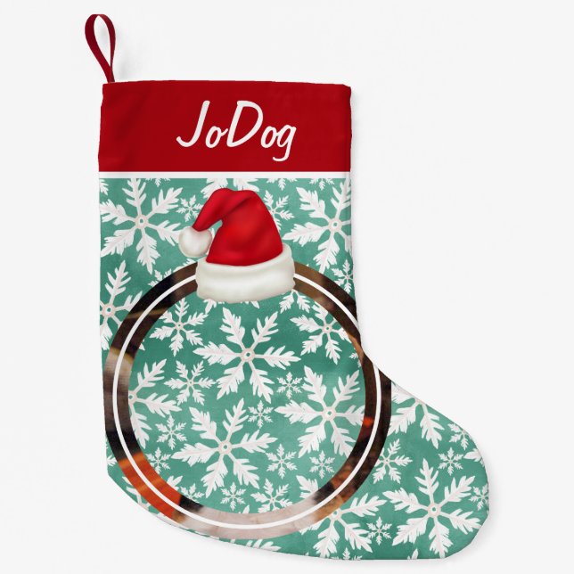 Calcetín Navideño Pequeño Foto mascota con copos de nieve verdes de Red Sant (Anverso)