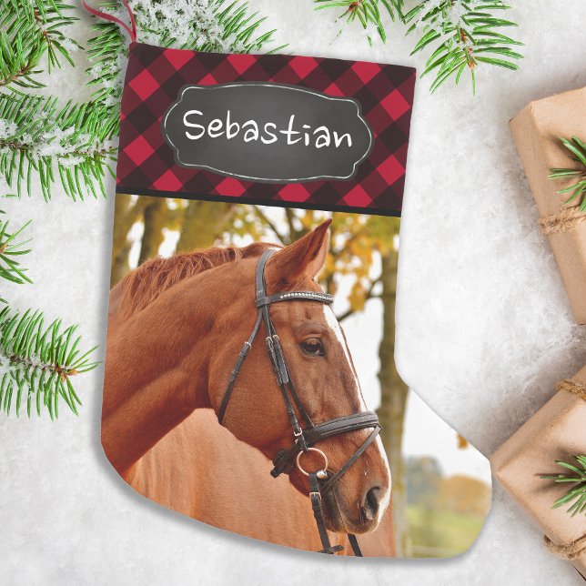 Calcetín Navideño Pequeño Foto mascota Rustic Red Buffalo Tirado Caballo Lov (Subido por el creador)