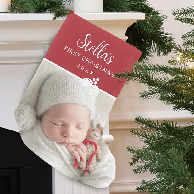 Calcetín Navideño Pequeño Foto personalizada de la primera Navidad moderna (Modern First Christmas Photo Personalized Small Christmas Stocking)