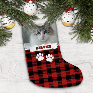 Calcetín Navideño Pequeño Foto personalizada de nombre de gato de búfalo roj