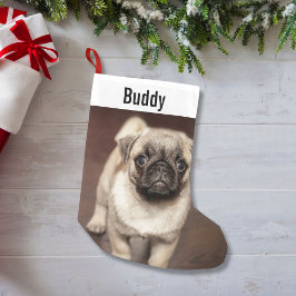 Calcetín Navideño Pequeño Foto personalizada de perro de peluche y nombre de
