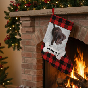 Calcetín Navideño Pequeño Foto personalizada de perro mascota con cuadros de