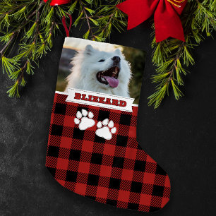 Calcetín Navideño Pequeño Foto personalizada Rustic Red Buffalo Dog Name